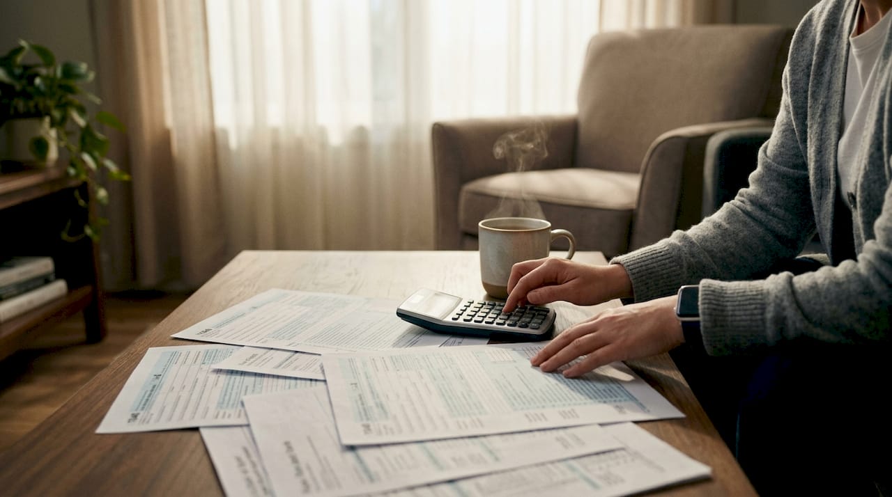 Close-up of hands using calculator with tax credit forms