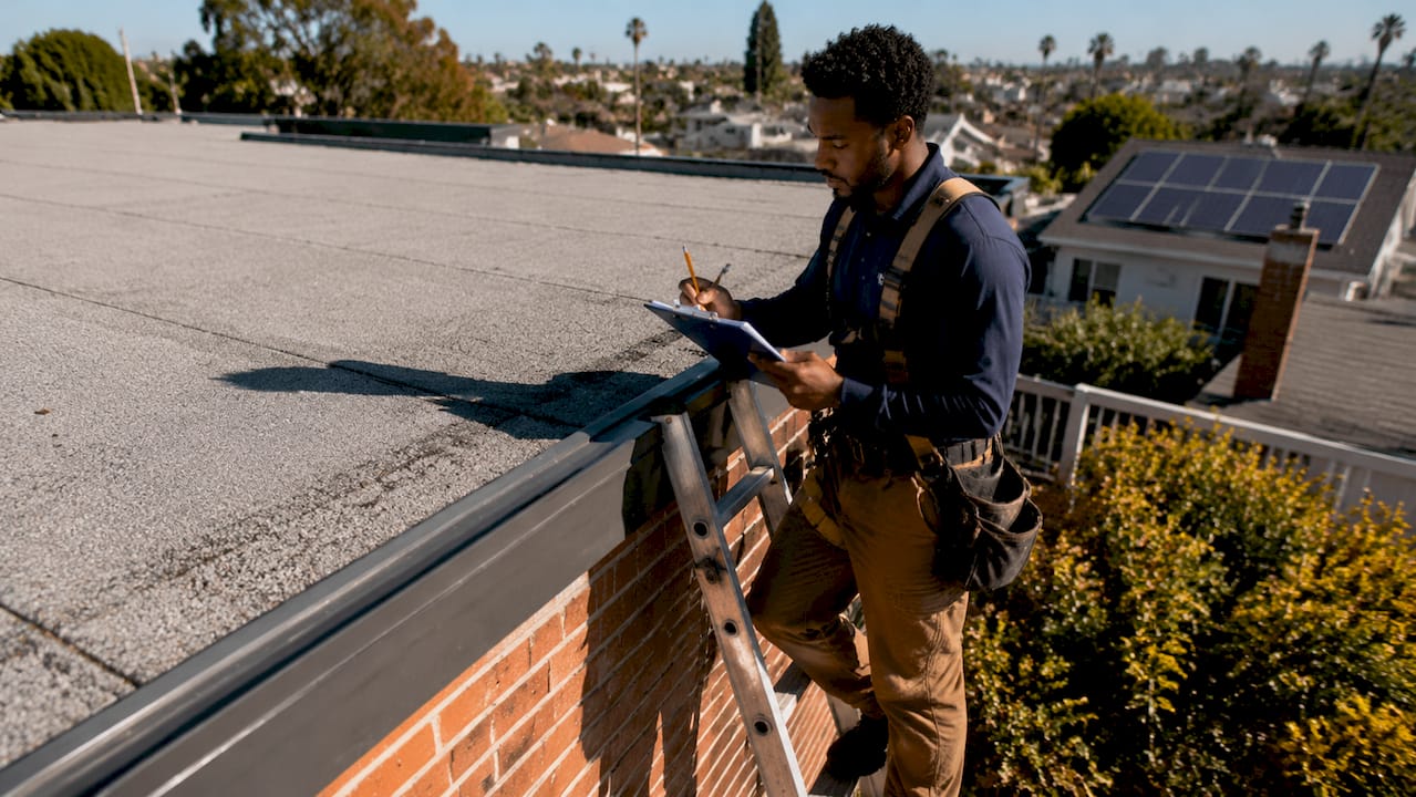 Roofer inspecting roof for solar installation