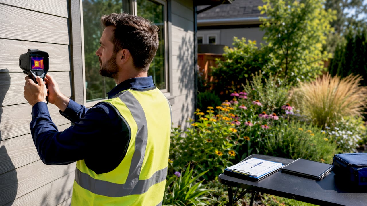 Energy auditor using thermal camera on home exterior