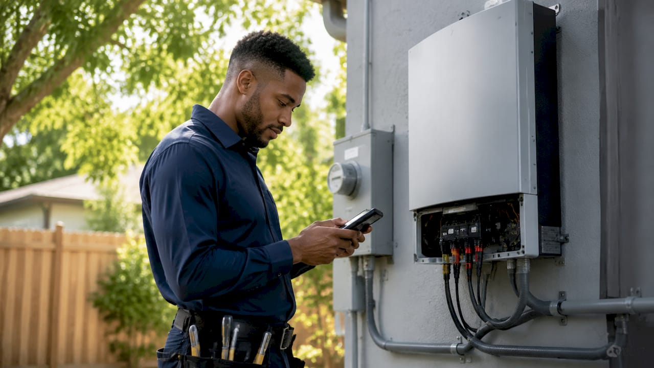 Electrician checking residential solar inverter