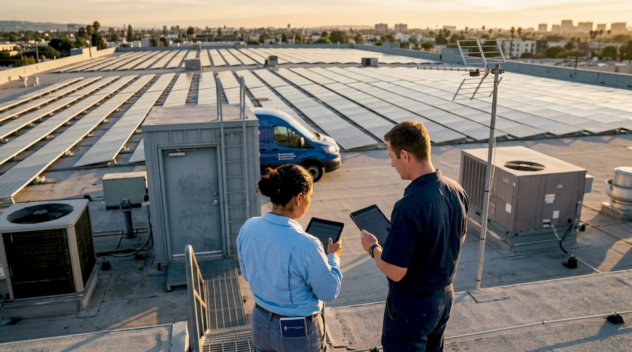 Technicians inspect commercial rooftop solar panels outdoors