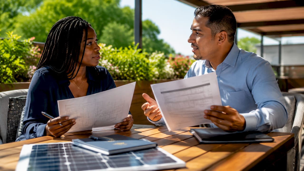 Two solar consultants discussing project bids