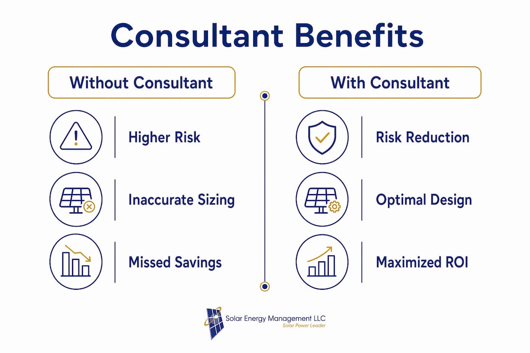 Infographic showing benefits with and without solar consultants