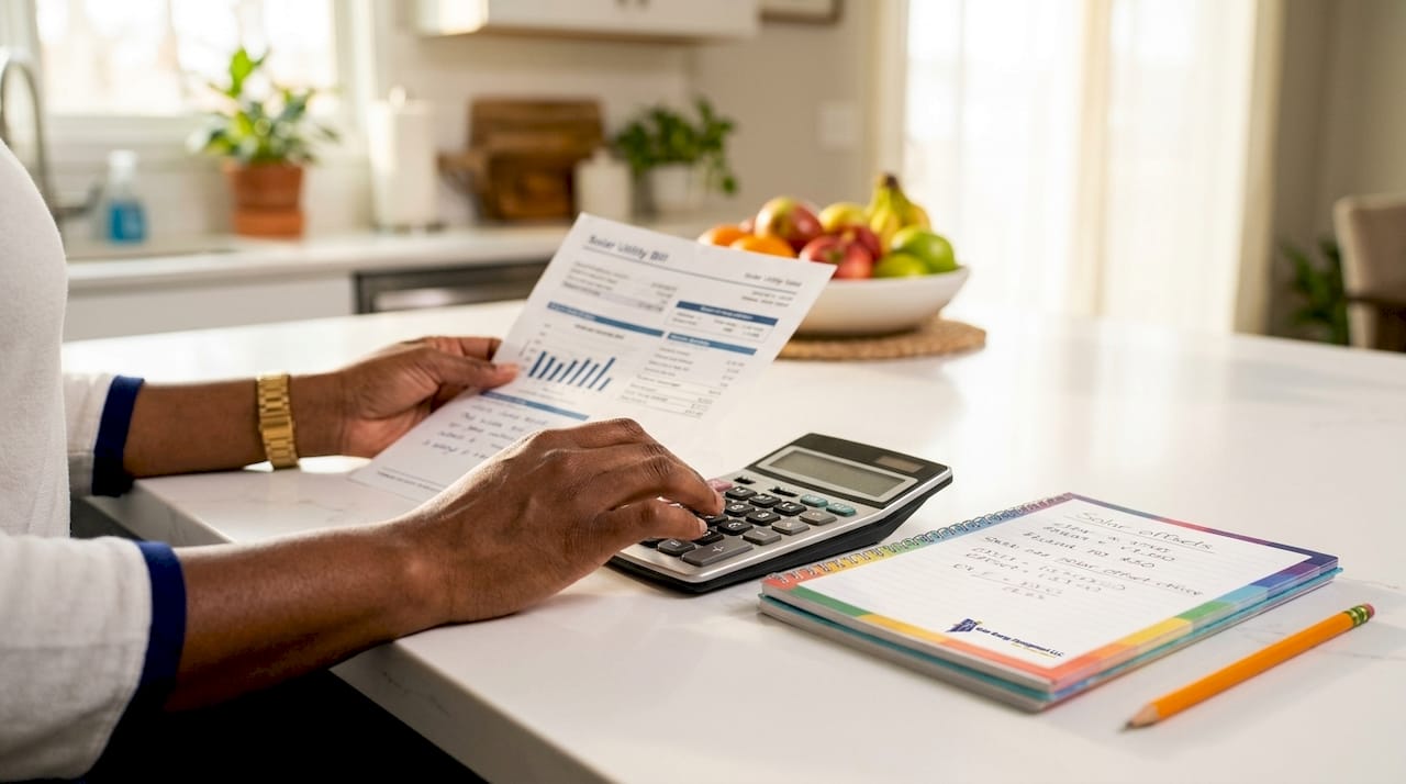 Hands calculating solar offset with bills and calculator