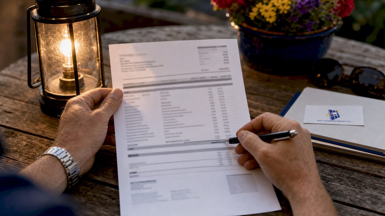 Hands highlighting net metering credits on electric bill