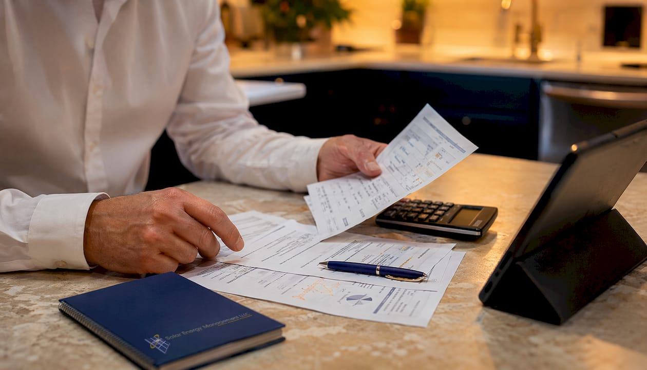 Hands sorting commercial electricity bills at desk