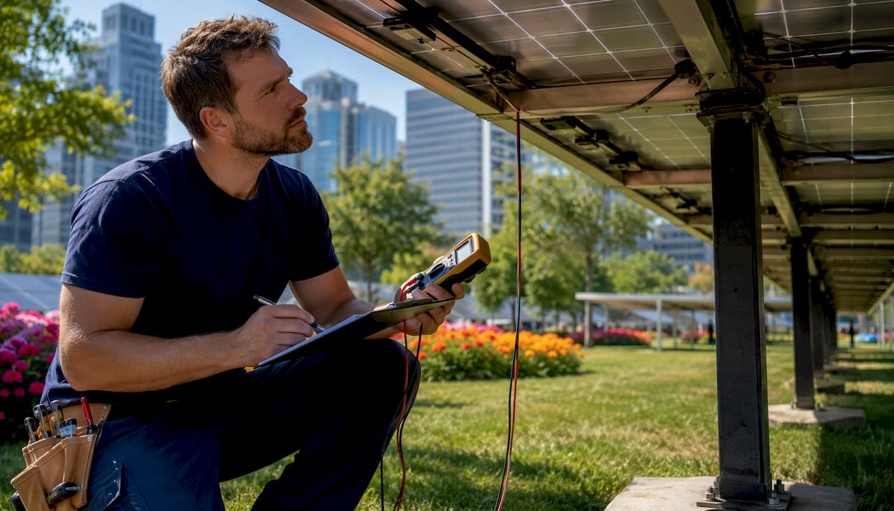 Technician performing solar panel maintenance outdoors