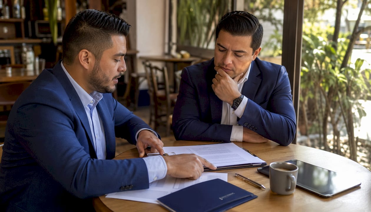 Businessmen discussing solar power contracts