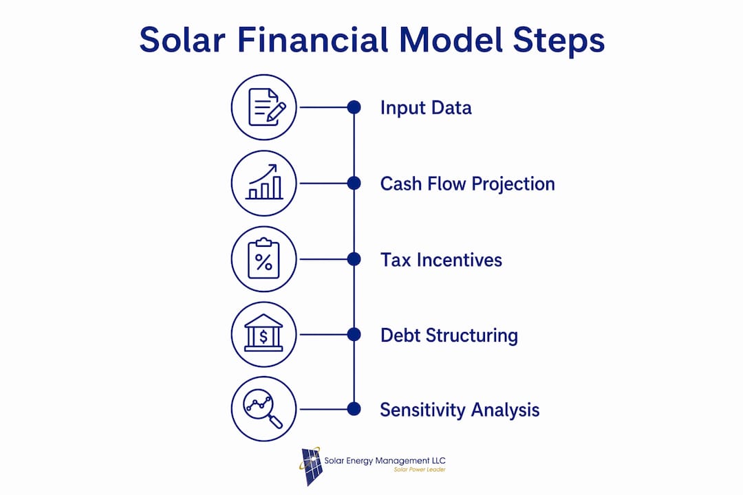 Infographic showing key steps in solar financial modeling