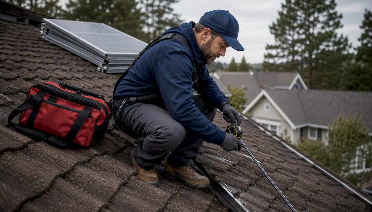 Solar installer measuring residential roof outdoors