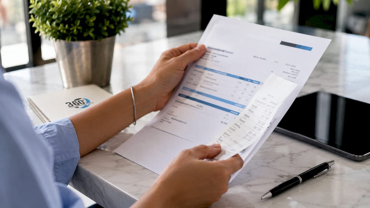Close-up of hands holding cleaning invoice and receipt