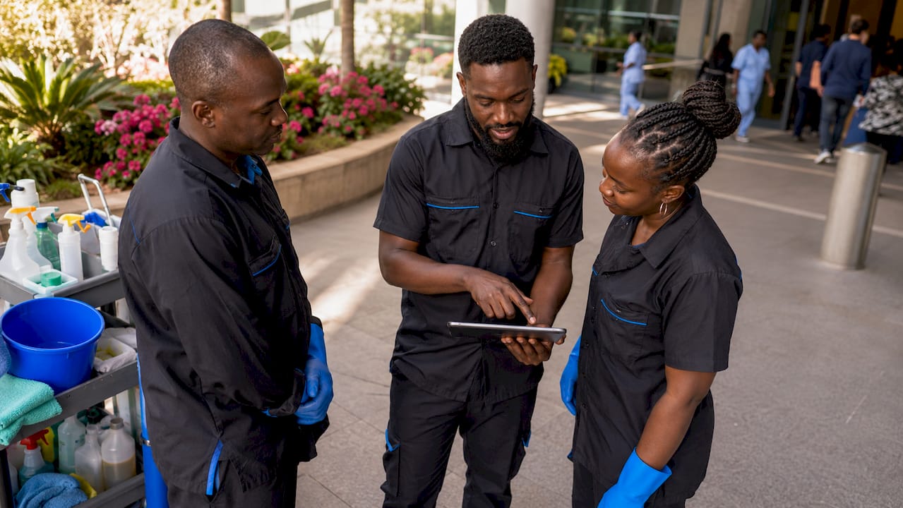 Supervisor coaching cleaning staff in hospital corridor