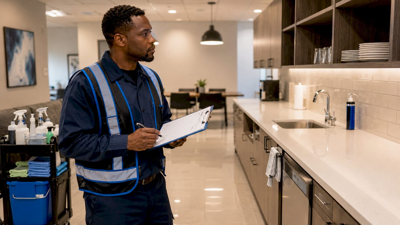 Janitor inspecting office cleaning zones with checklist