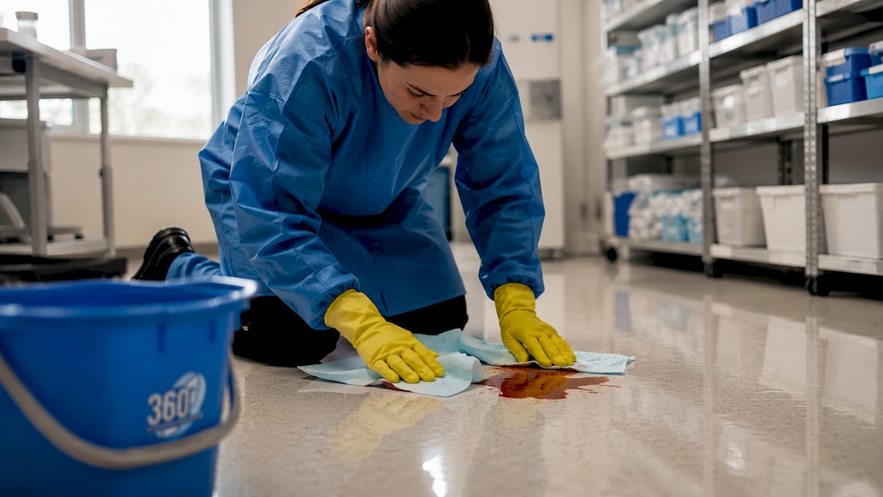 Gloved hands containing blood spill with absorbent pads
