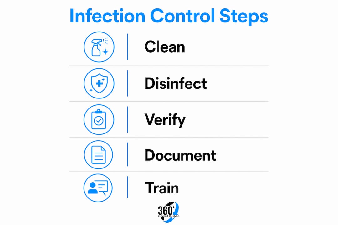 Infographic showing infection control cleaning steps