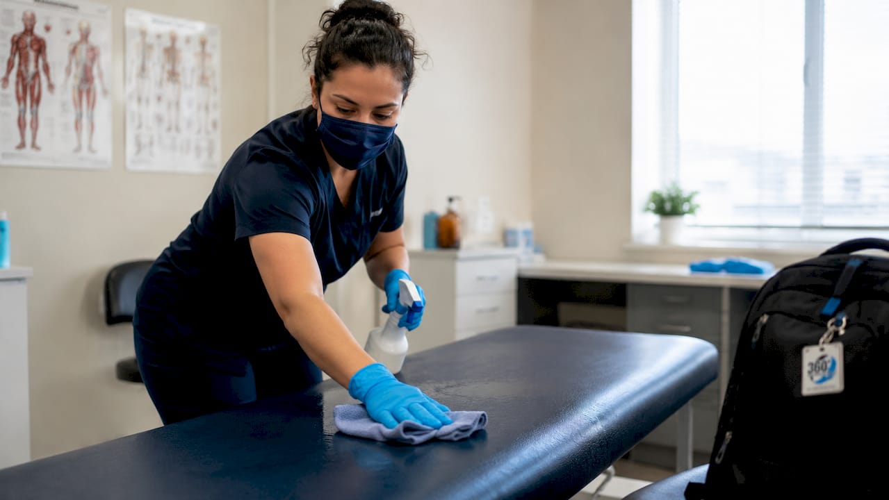Cleaning staff wiping exam room surfaces