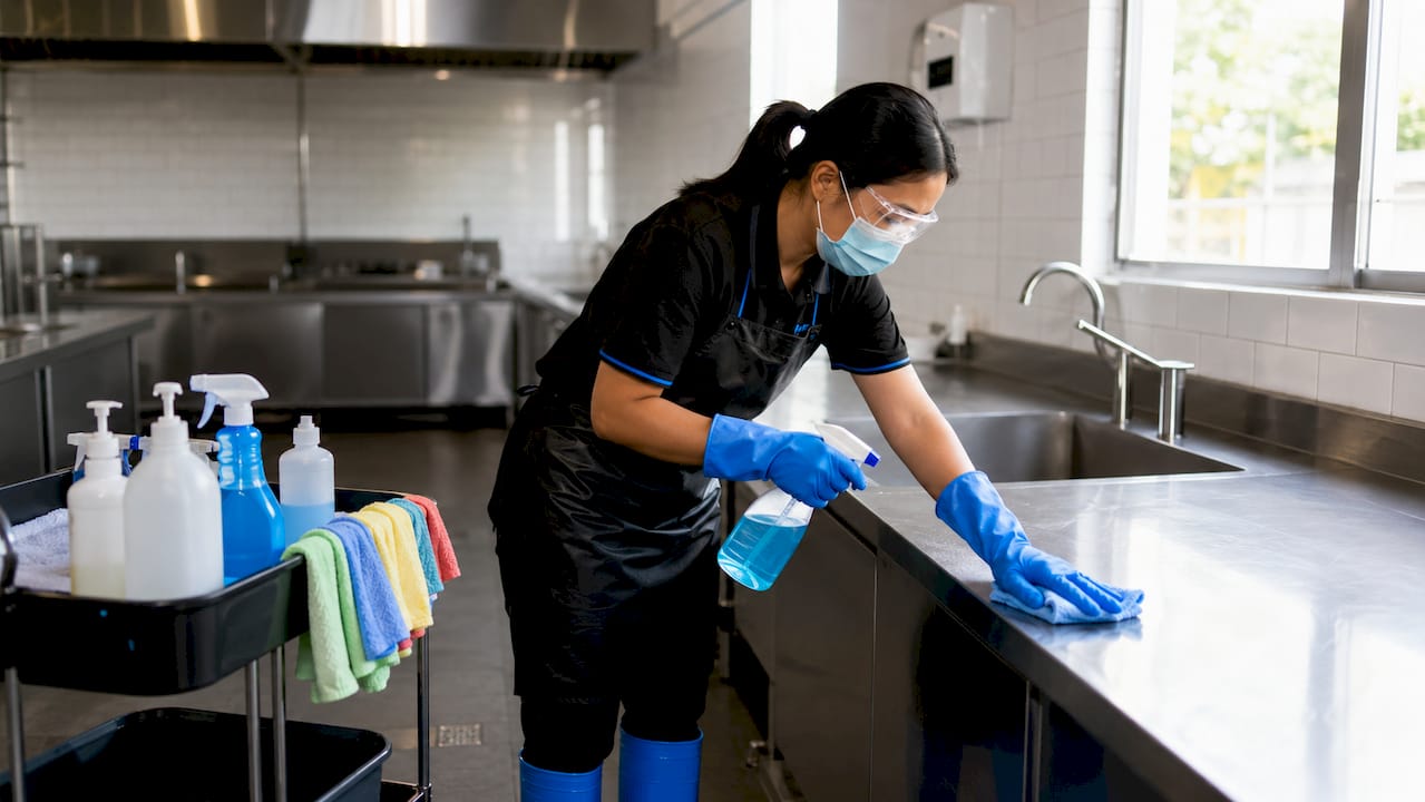 Cleaning staff wearing PPE disinfecting restroom