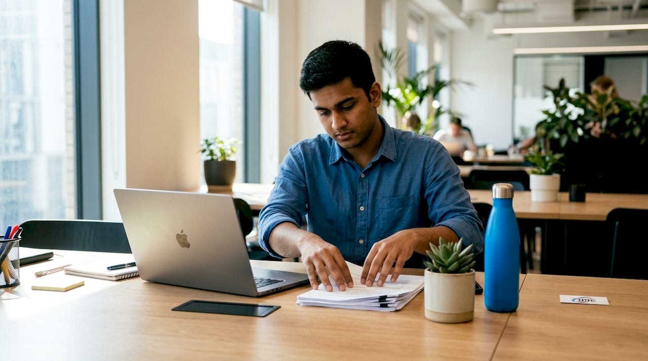 Employee organizing tidy workspace with natural light