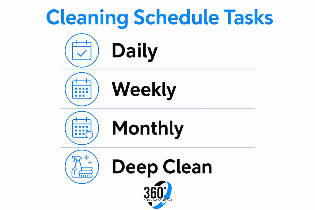 Infographic illustrating daily, weekly, monthly cleaning tasks