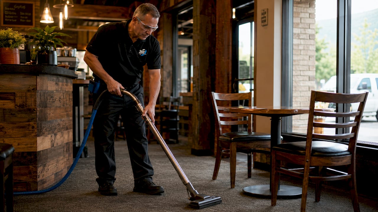 Technician vacuuming office carpet floor