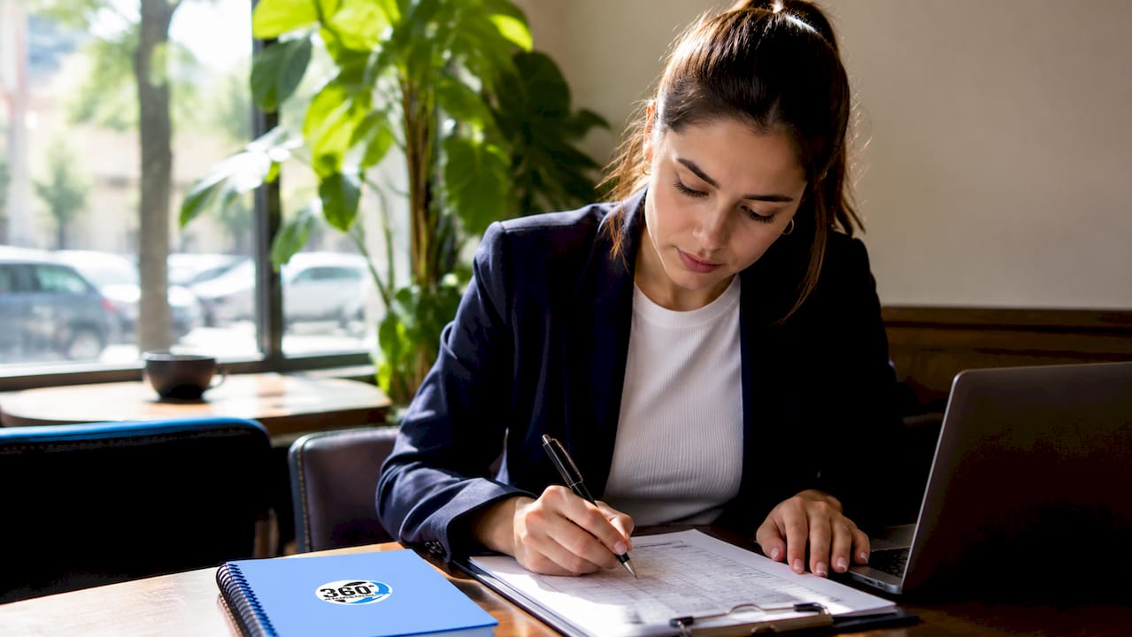 Compliance officer writing on cleaning contract checklist