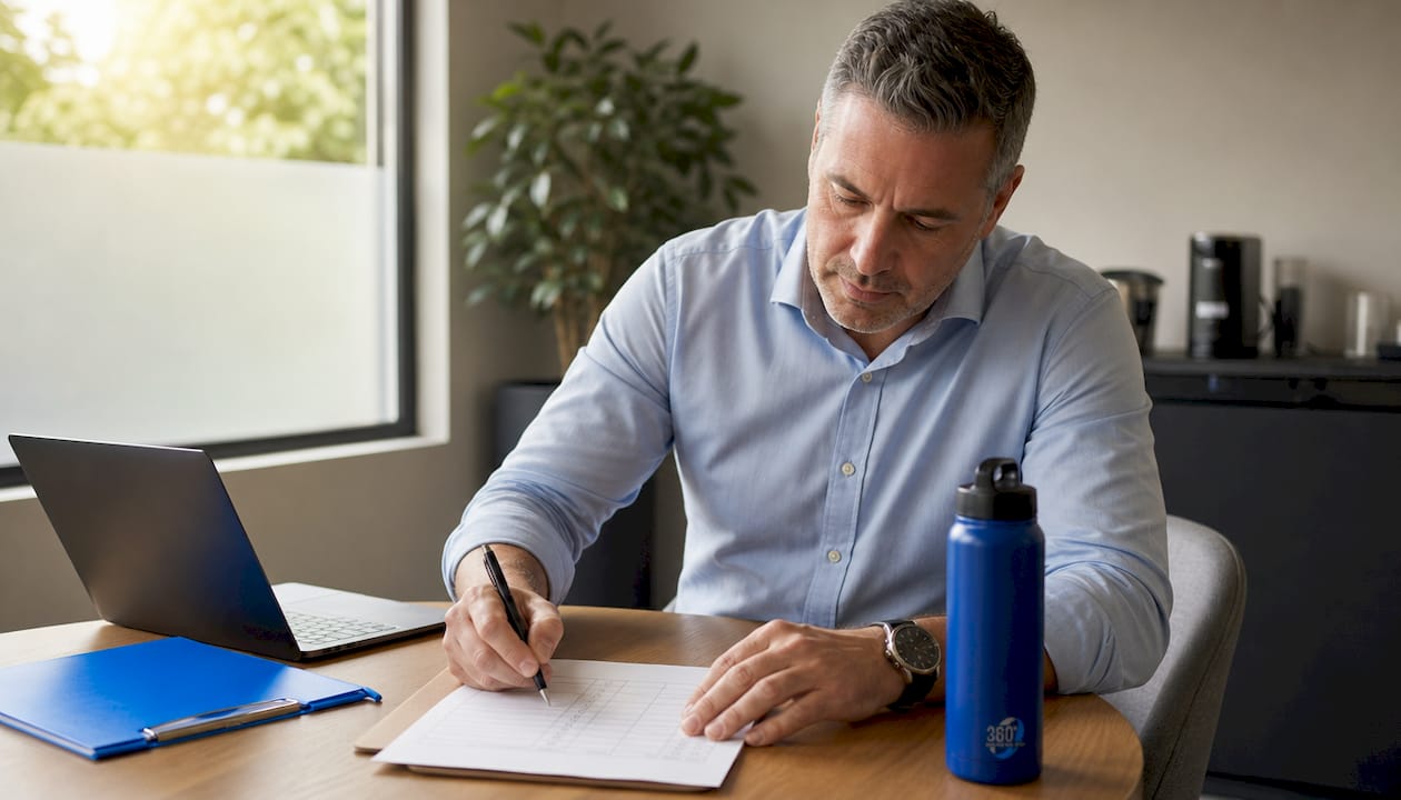 Manager signing cleaning log document at desk
