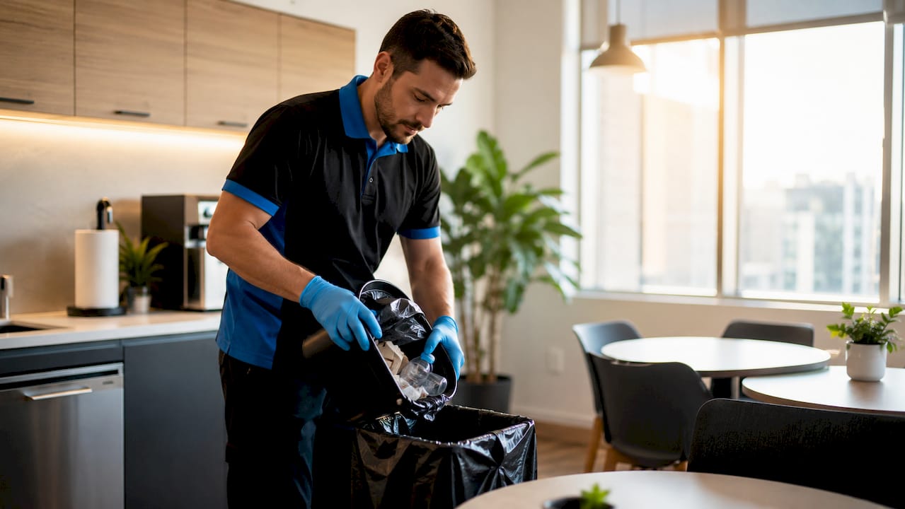 Cleaning staff emptying trash in office corridor