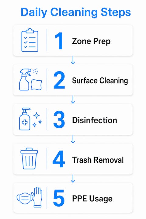 Infographic showing daily office cleaning steps