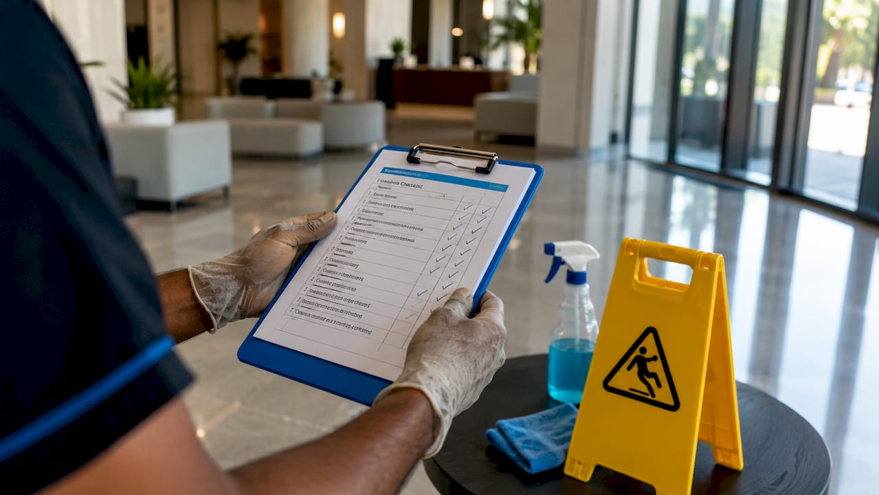 Janitor holding cleaning checklist in lobby