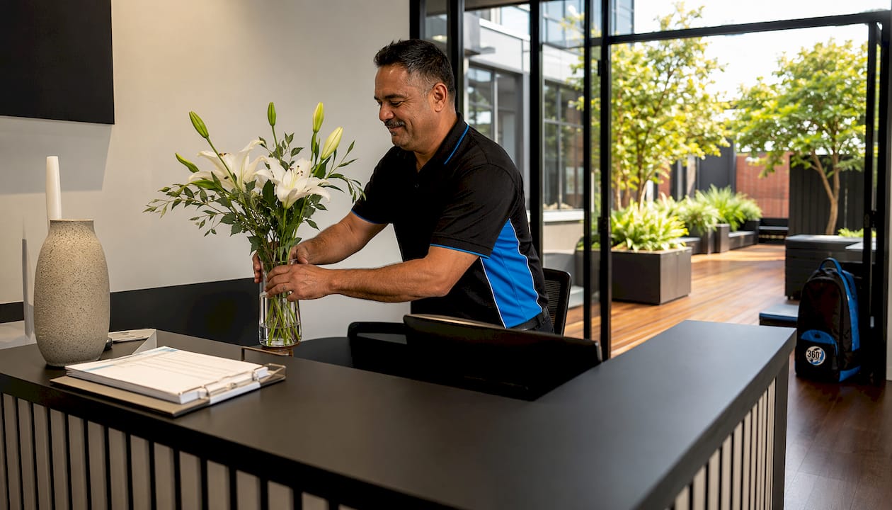Receptionist arranging flowers in clean office lobby