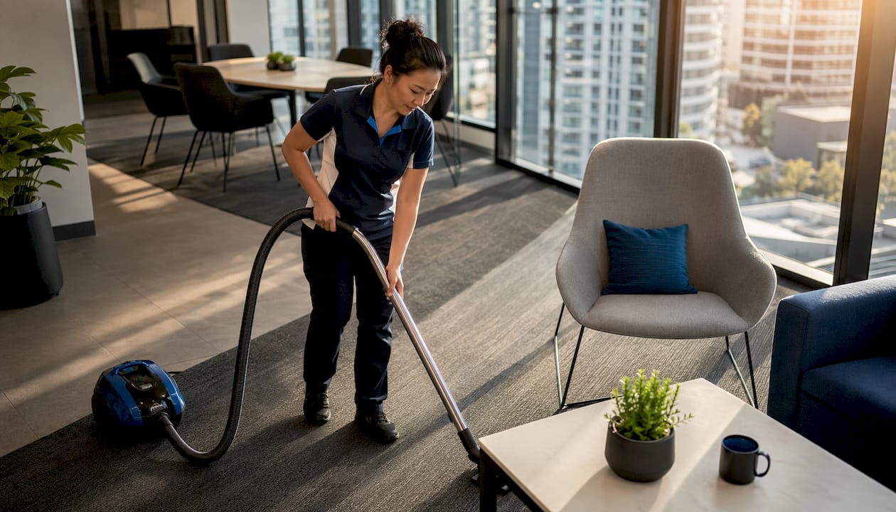 Professional cleaner vacuuming conference room carpet