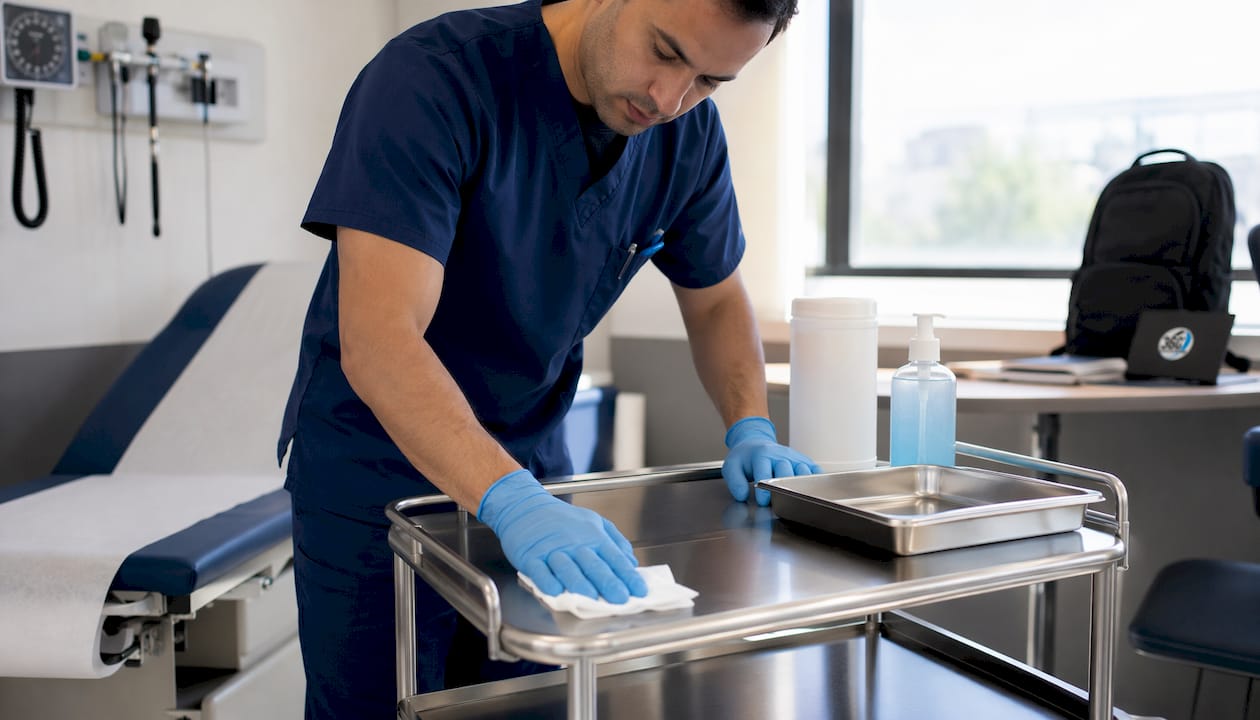 Janitor cleaning high-touch clinical surfaces
