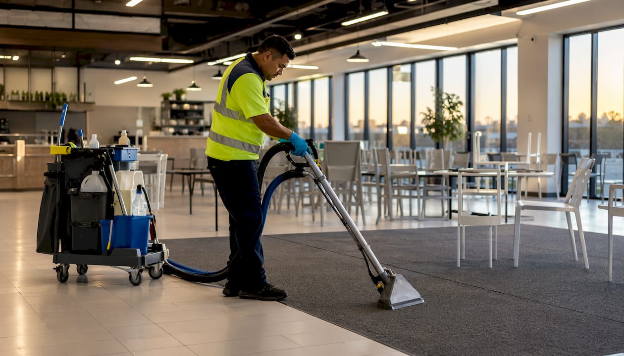 Janitor operating carpet cleaner after hours