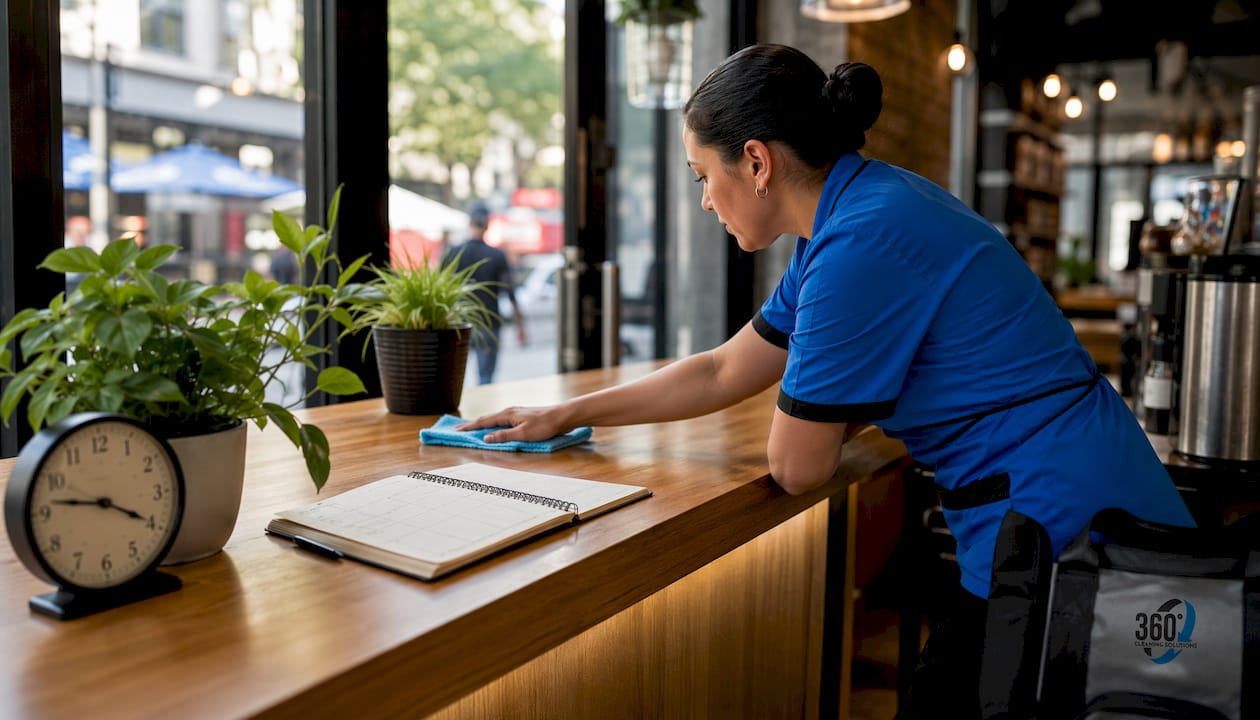 Cleaner wiping reception desk daytime