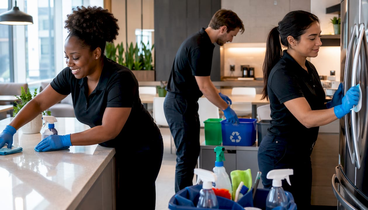 Cleaning team working on different office zones