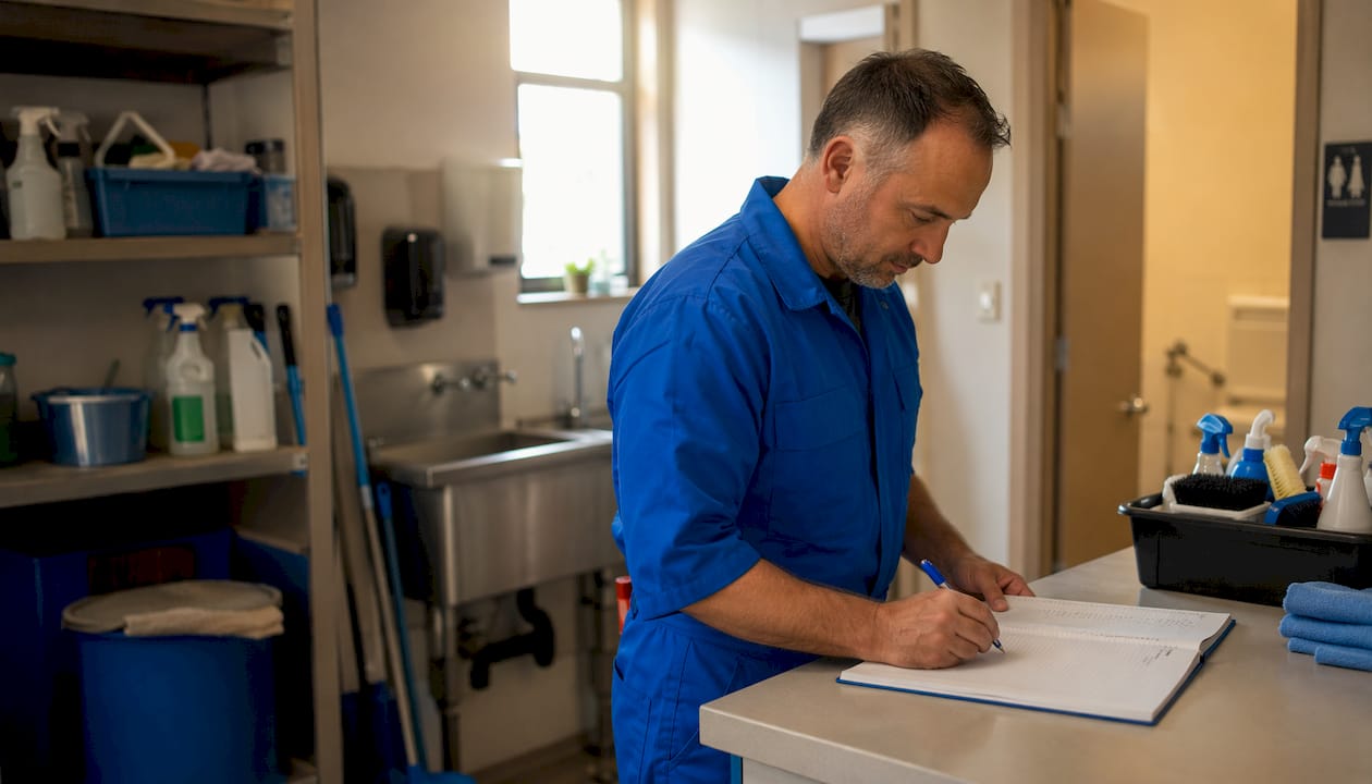 Technician logging washroom defects