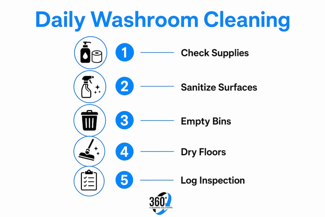 Infographic showing daily washroom cleaning checklist steps
