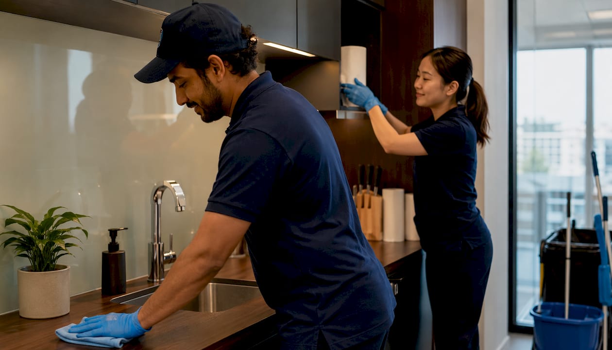Cleaning staff refreshing office kitchenette