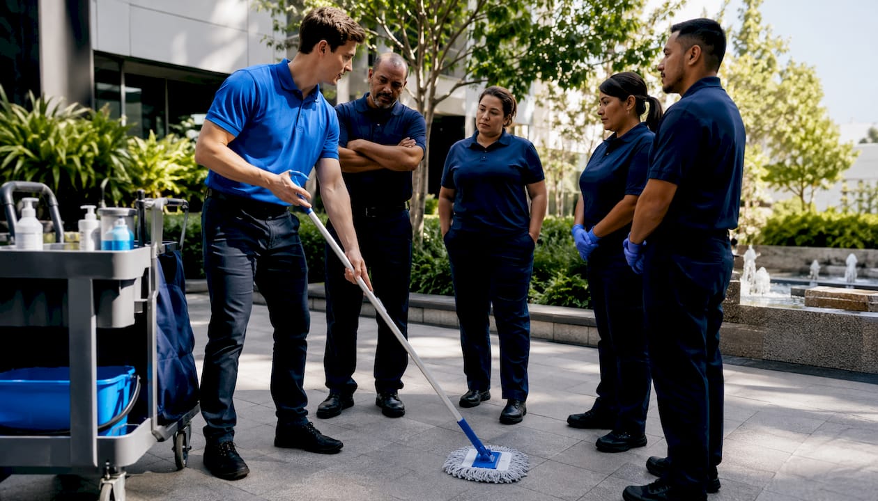 Trainer demonstrating cleaning skills to staff