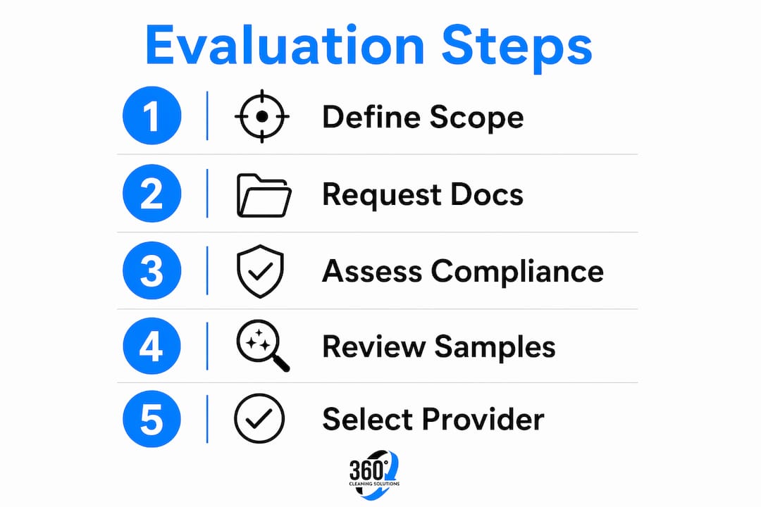 Infographic showing five evaluation steps for facility services