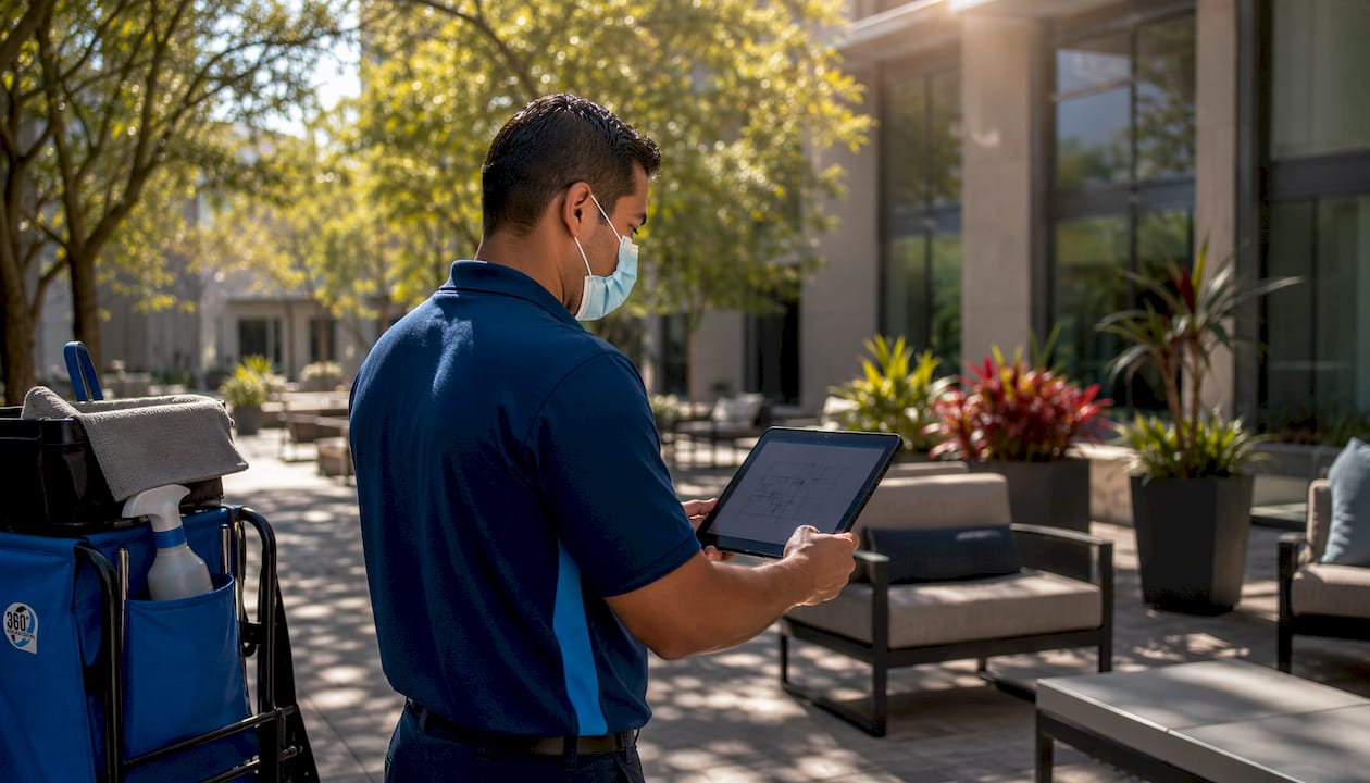 Commercial cleaner checking floor plan with tablet
