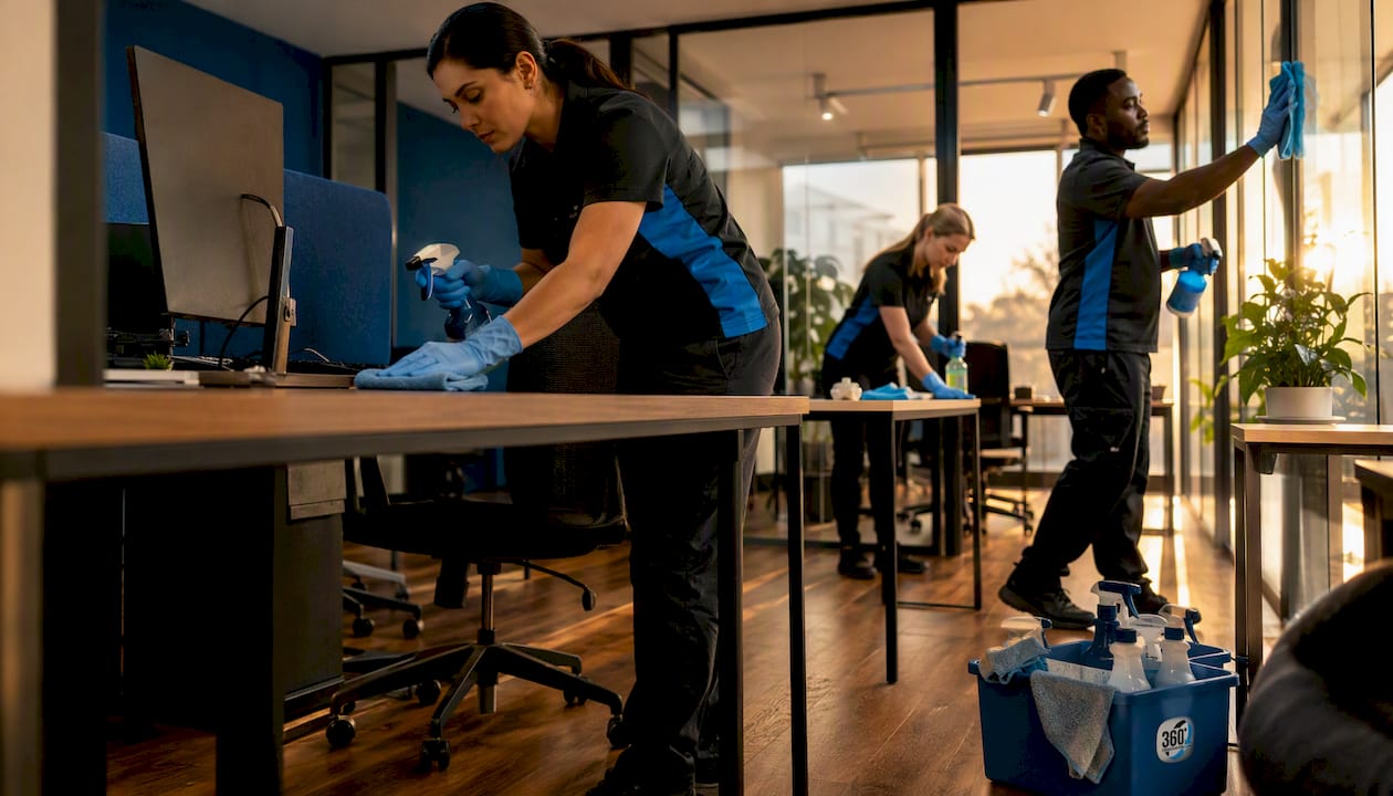 Team cleaning open-plan office from overhead