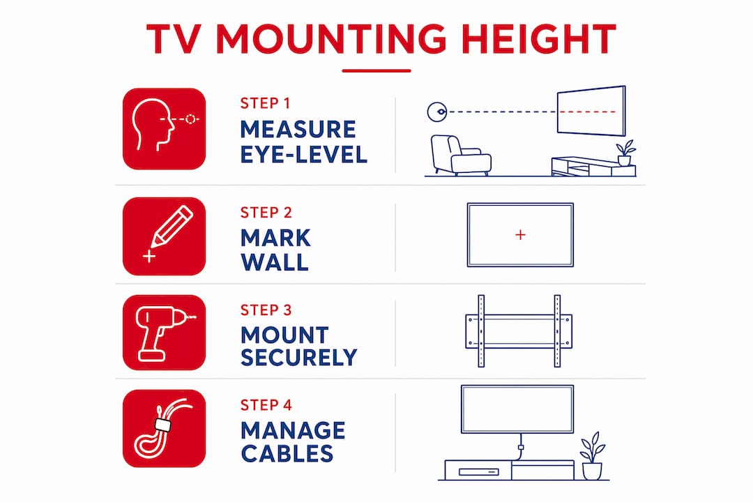 Infographic showing steps to set optimal TV mount height