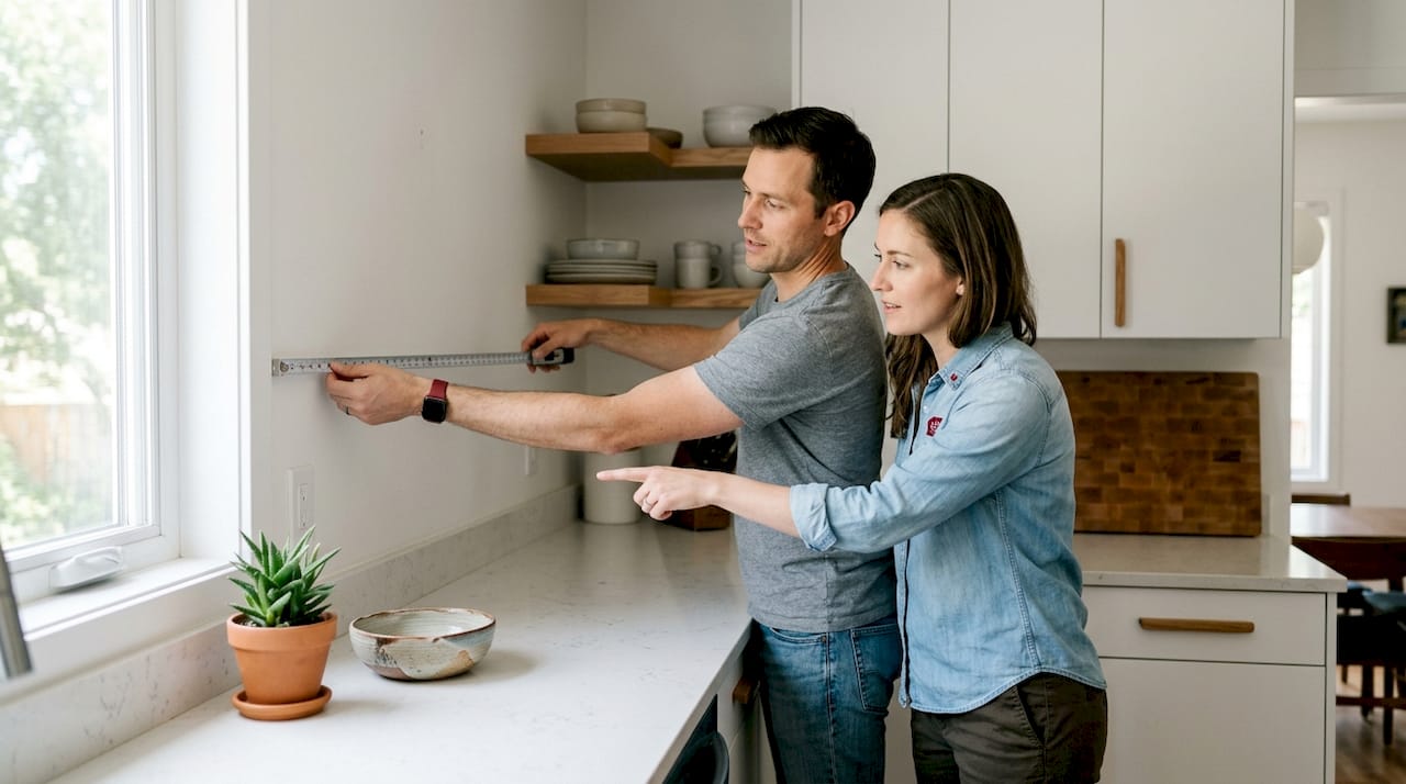 Close-up hands measuring TV mount height on wall
