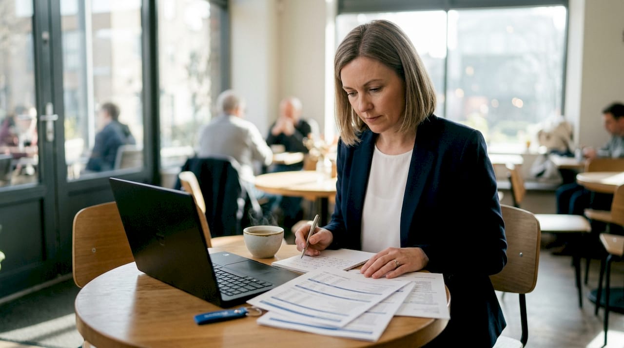 Hands reviewing financial statements on desk