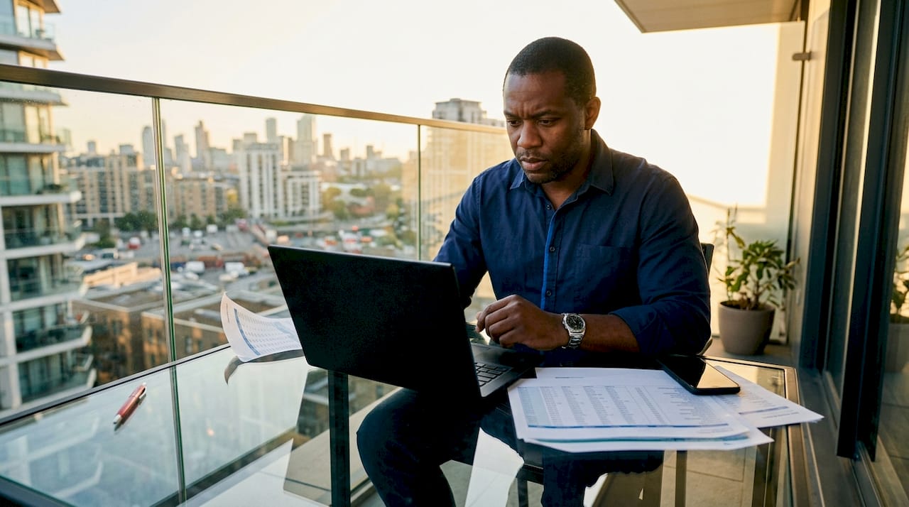 Hands typing next to financial spreadsheets