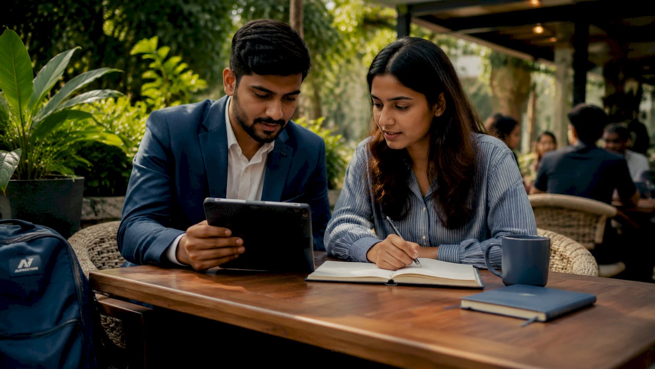Two entrepreneurs reviewing budget in café