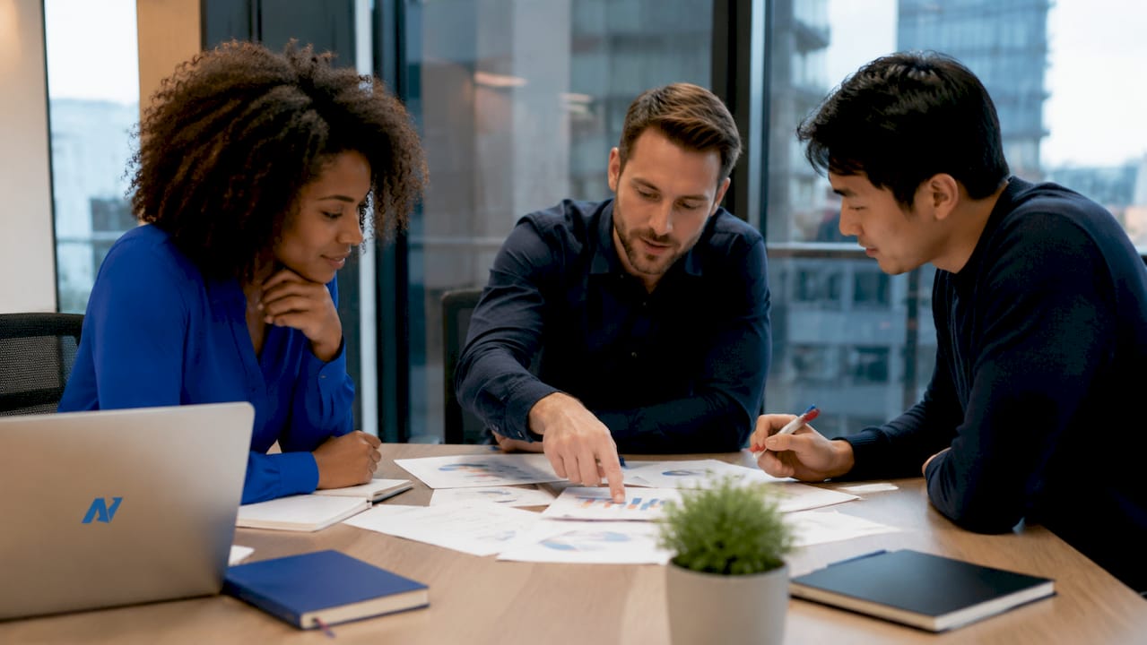 Team reviewing financial metrics documents
