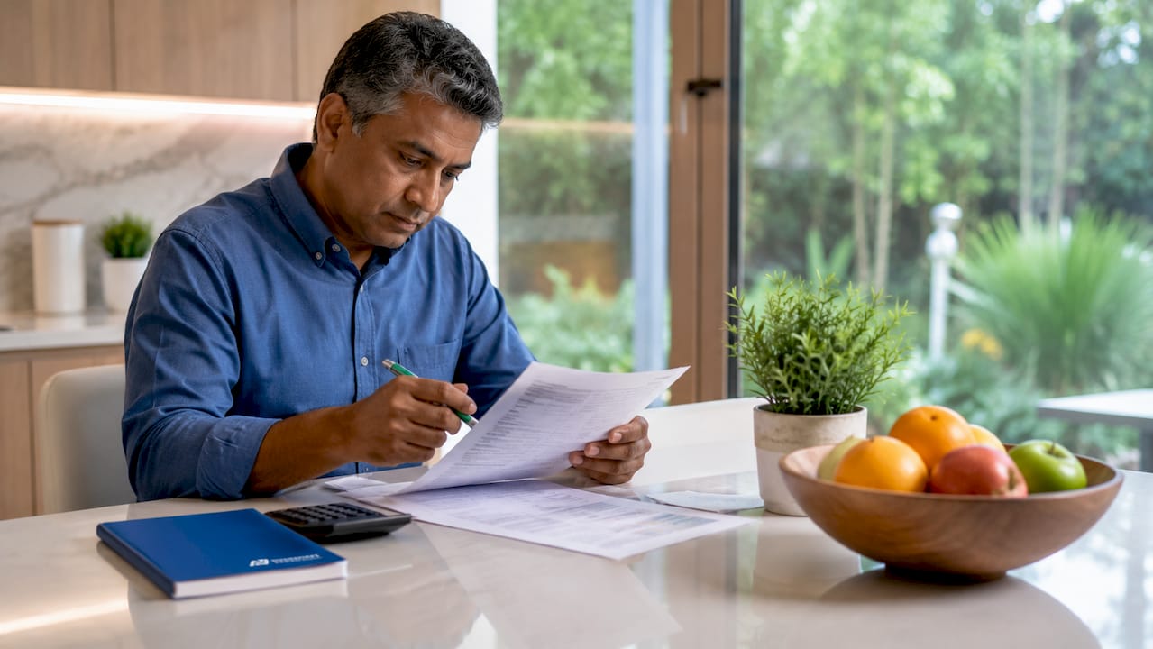 Hands reviewing bank statements on desk