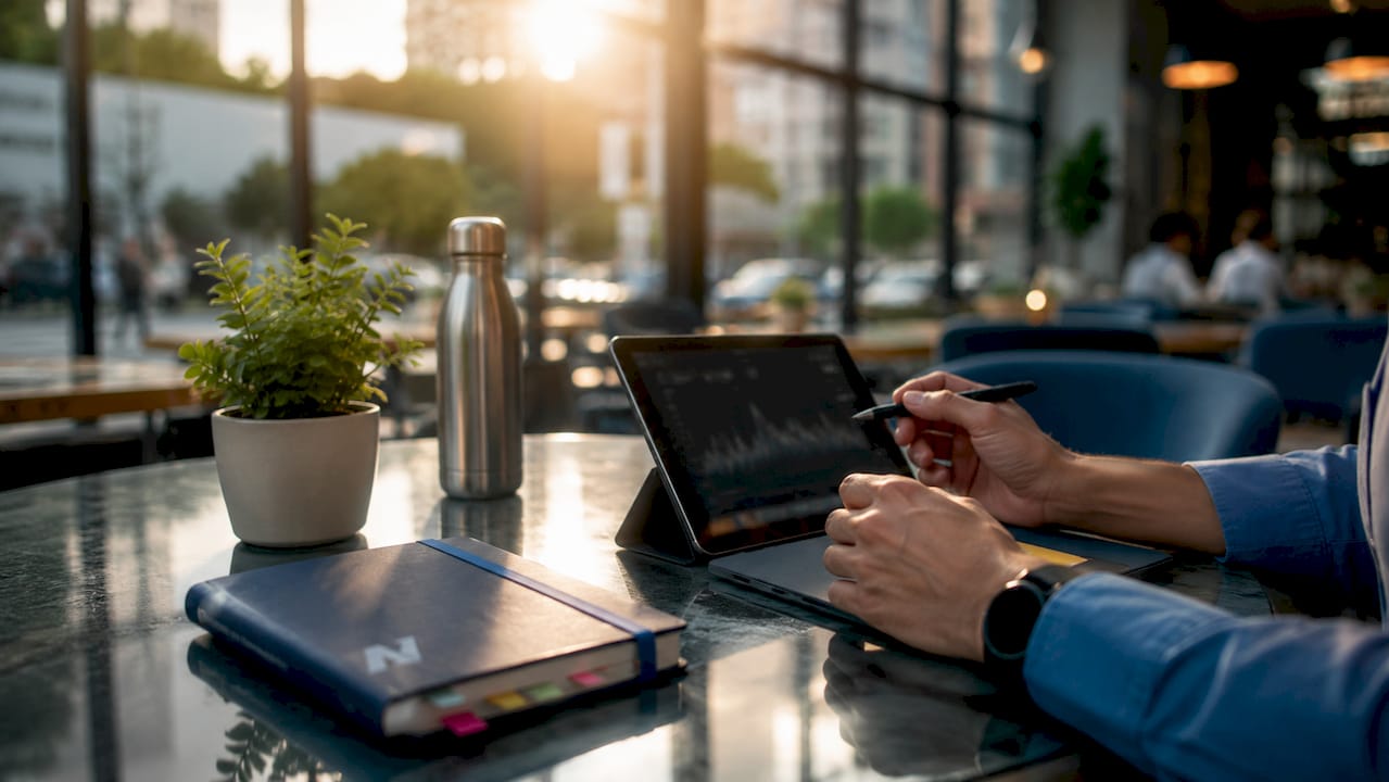 Hands pointing to financial data on tablet